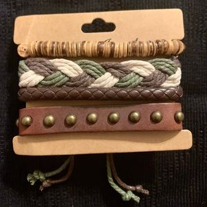 Unisex 4pc Faux Leather & Wood Bracelets